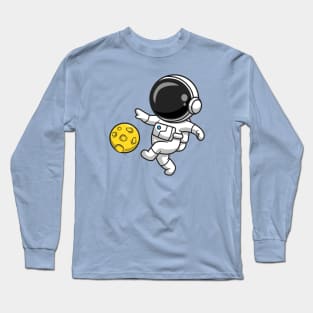 Cute Astronaut Playing Soccer Moon Cartoon Long Sleeve T-Shirt